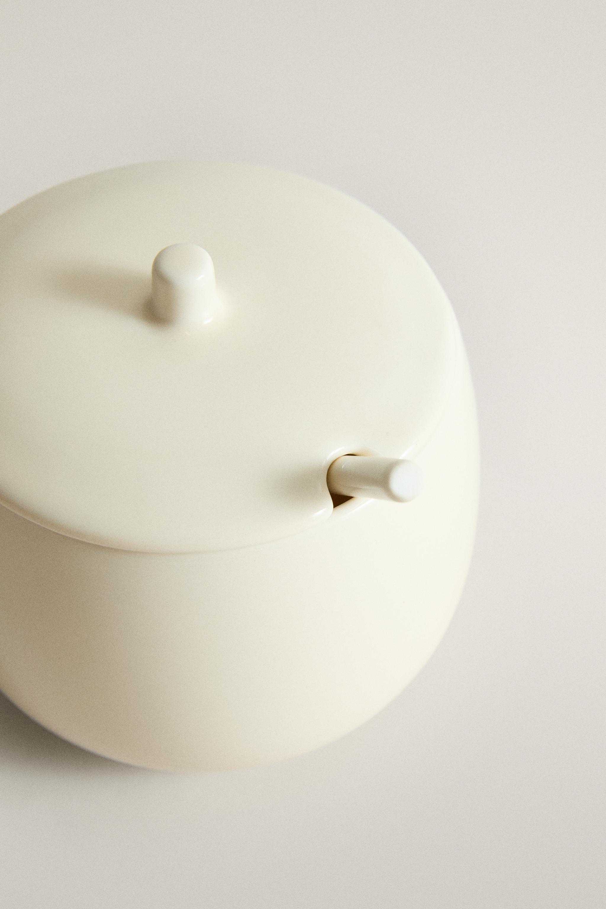 PLAIN STONEWARE SUGAR BOWL WITH SPOON